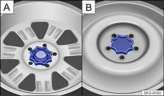 Fig. 150 In the luggage compartment: variant A: handwheel for securing the spare wheel; variant B: handwheel for securing the temporary spare wheel