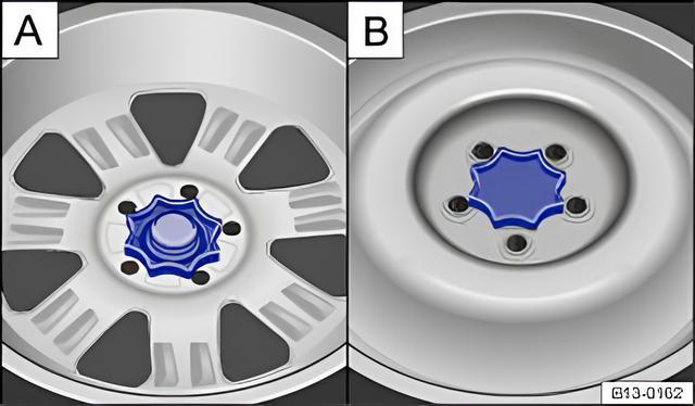 Fig. 150 In the luggage compartment: variant A: handwheel for securing the spare wheel; variant B: handwheel for securing the temporary spare wheel