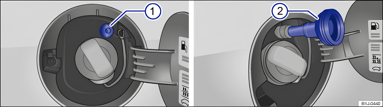 Fig. 134 At the rear right of the vehicle: open tank flap with the cap on the autogas filler neck 1 and the adapter 2