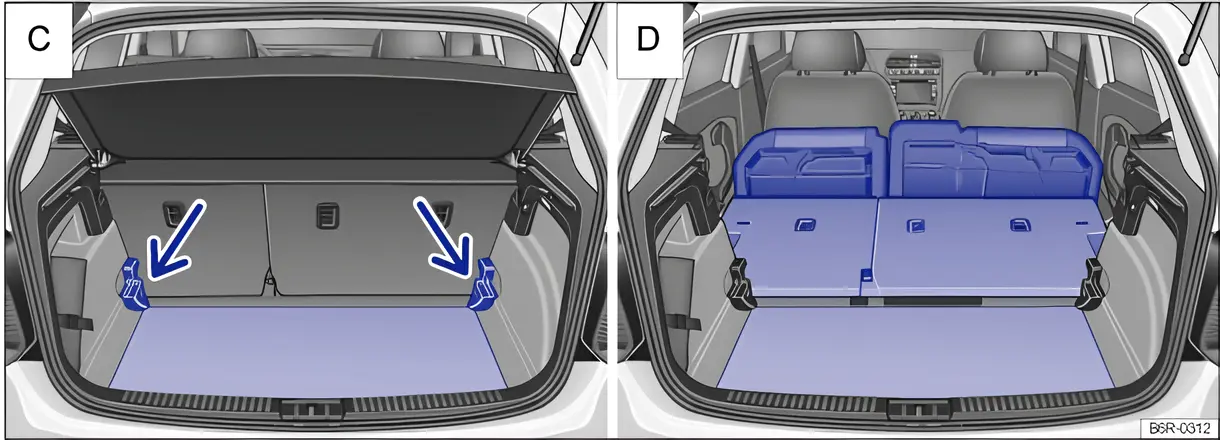 Fig. 88 C: luggage compartment extended downwards; D: maximum luggage compartment created
