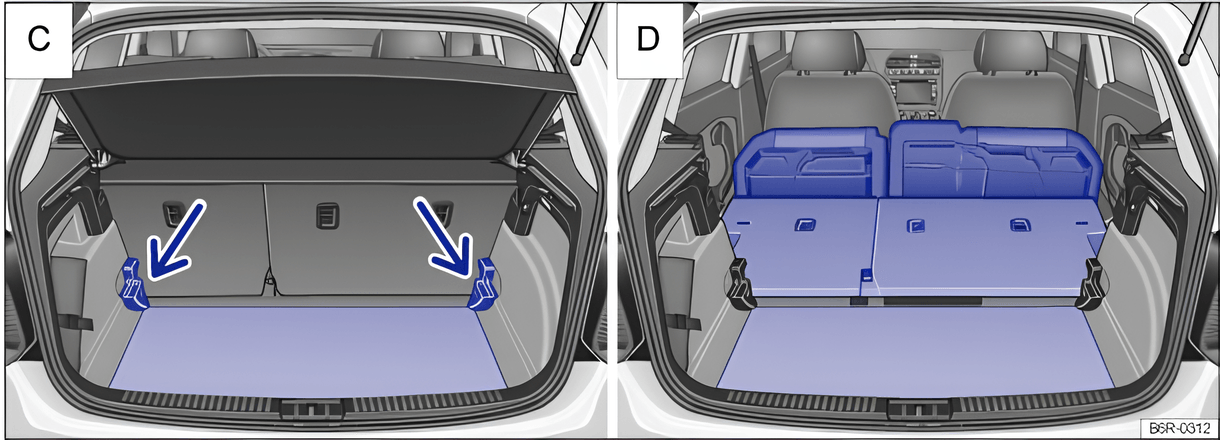 Fig. 88 C: luggage compartment extended downwards; D: maximum luggage compartment created