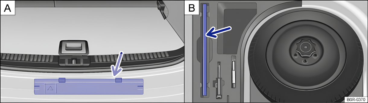 Fig. 156 In the luggage compartment. A: warning triangle under the loading edge; B: warning triangle in the vehicle tools
