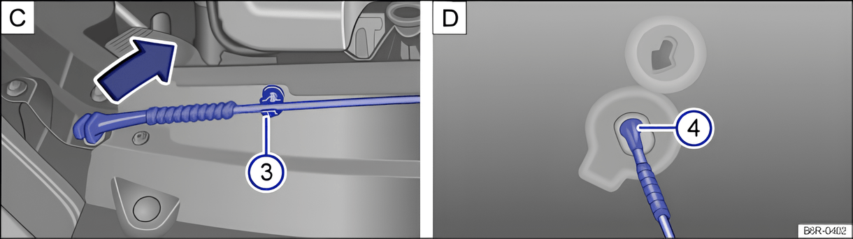 Fig. 137 C: holder for the bonnet stay in the lock carrier. D: bonnet secured with the bonnet stay