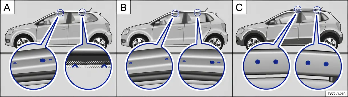 Fig. 91 Attachment points for the roof bars or carrier bars (on both sides; A: 2-door vehicle without roof rails, B: 4-door vehicle without roof rails, C: vehicle with roof rails (Cross Polo))