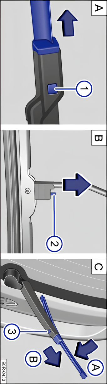 Fig. 144 Variants A and B: changing the windscreen wiper blades. Variants B and C: changing the rear window wiper blade