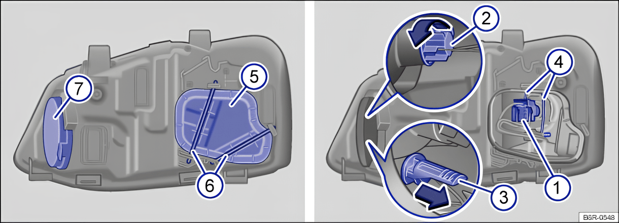 Fig. 180 Rear view of the right-hand H4 headlight with plastic covers: 1 - dipped beam and main beam, 2 - turn signal and 3 - side light.
