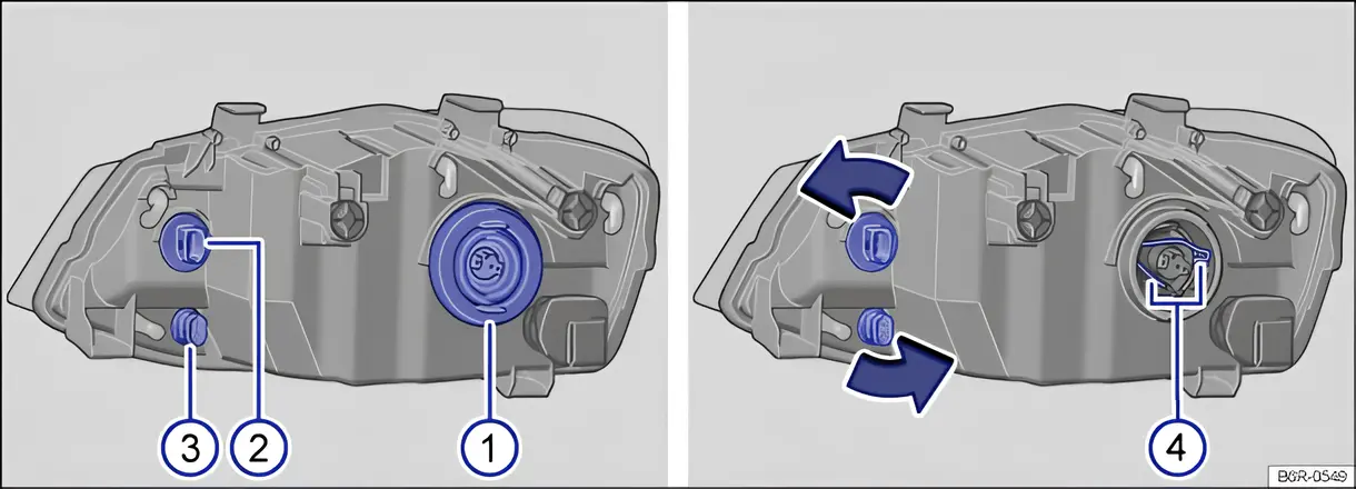 Fig. 181: Rear view of the right-hand H4 headlight with rubber cover: 1 - dipped beam and main beam, 2 - turn signal and 3 - side light.