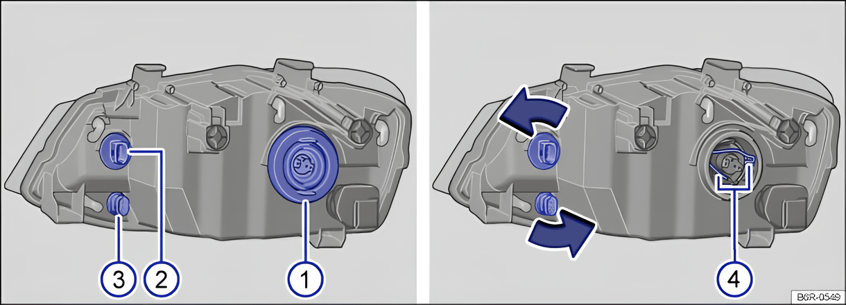 Fig. 181: Rear view of the right-hand H4 headlight with rubber cover: 1 - dipped beam and main beam, 2 - turn signal and 3 - side light.