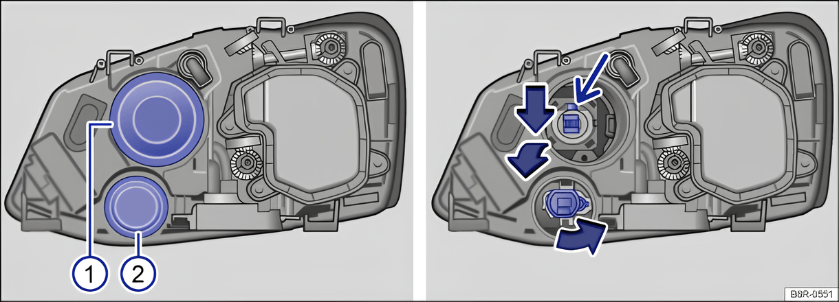 Fig. 183: Rear view of right-hand Xenon headlight: 1 - cornering light and 2 - turn signal.