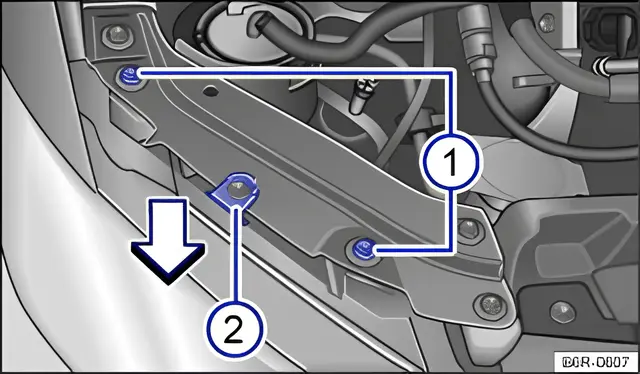Fig. 178: In the engine compartment: securing bolts for the right headlight