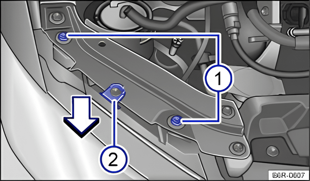 Fig. 178: In the engine compartment: securing bolts for the right headlight