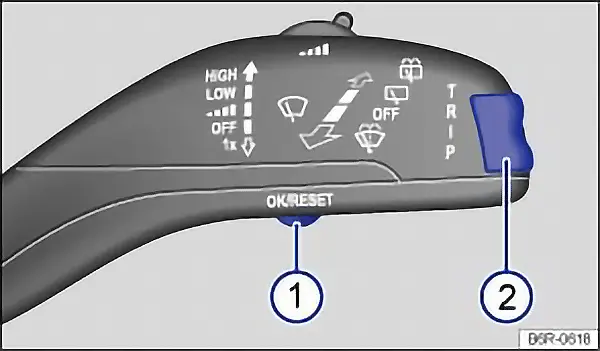 Fig. 13 Press button A in the windscreen wiper lever to confirm the menu point and rocker switch B to change the menu. Fig. 13 Press button A in the windscreen wiper lever to confirm the menu point and rocker switch B to change the menu.