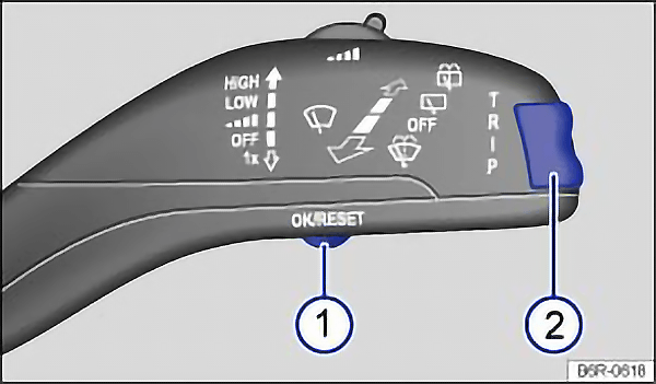 Fig. 13 Press button A in the windscreen wiper lever to confirm the menu point and rocker switch B to change the menu. Fig. 13 Press button A in the windscreen wiper lever to confirm the menu point and rocker switch B to change the menu.
