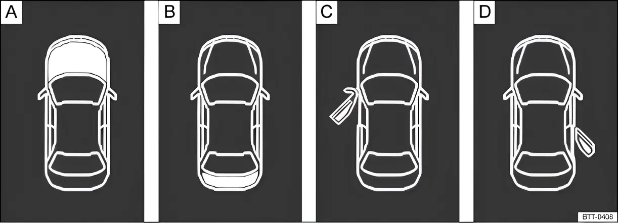 Fig. 12 Displays Fig. 12 A: bonnet open, B: tailgate open, C: front left door open, D: right rear door open (only in four-door vehicles)