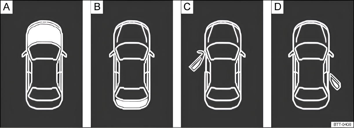 Fig. 12 Displays Fig. 12 A: bonnet open, B: tailgate open, C: front left door open, D: right rear door open (only in four-door vehicles)